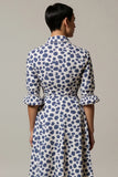 White and Blue Leopard Printed Half Sleeves Maxi A Line Work Dress