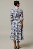 White and Blue Leopard Printed Half Sleeves Maxi A Line Work Dress