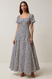 White and Blue Leopard A Line Square Neck Maxi Work Dress with Sleeves