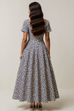 White and Blue Leopard A Line Square Neck Maxi Work Dress with Sleeves