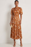 Orange Floral A Line Round Neck Long Wedding Guest Dress with Short Sleeves