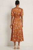 Orange Floral A Line Round Neck Long Wedding Guest Dress with Short Sleeves