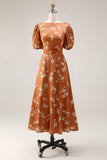 Orange Floral Printed Bateau Neck Maxi A Line Work Dress with Sleeves