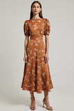 Orange Floral Printed Bateau Neck Maxi A Line Work Dress with Sleeves