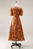 Orange Floral Printed Bateau Neck Maxi A Line Work Dress with Sleeves