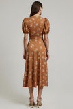 Orange Floral Printed Bateau Neck Maxi A Line Work Dress with Sleeves