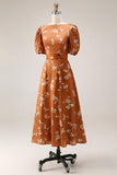 Orange Floral A Line Round Neck Long Wedding Guest Dress with Short Sleeves