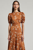 Orange Floral Printed Bateau Neck Maxi A Line Work Dress with Sleeves