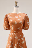 Orange Floral Printed Bateau Neck Maxi A Line Work Dress with Sleeves