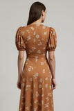 Orange Floral Printed Bateau Neck Maxi A Line Work Dress with Sleeves