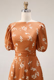 Orange Floral A Line Round Neck Long Wedding Guest Dress with Short Sleeves