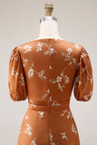 Orange Floral A Line Round Neck Long Wedding Guest Dress with Short Sleeves