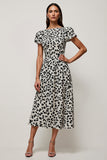 Black and White Leopard Printed A Line Maxi Work Dress with Sleeves