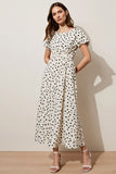 Black and White Polka Dots Boat Neck A Line Maxi Work Dress with Sleeves