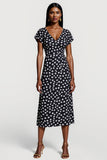 Black and White Polka Dots V-Neck Maxi Work Dress with Sleeves