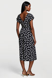 Black and White Polka Dots V-Neck Maxi Work Dress with Sleeves
