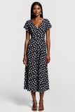 Black and White Polka Dots V-Neck Maxi Work Dress with Sleeves