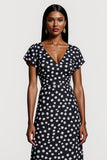 Black and White Polka Dots V-Neck Maxi Work Dress with Sleeves