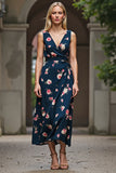 Dark Blue Floral Printed V-Neck Sheath Ruched Maxi Work Dress