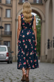 Dark Blue Floral Printed V-Neck Sheath Ruched Maxi Work Dress