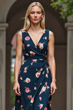Dark Blue Floral Printed V-Neck Sheath Ruched Maxi Work Dress