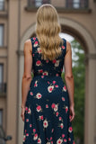 Dark Blue Floral Printed V-Neck Sheath Ruched Maxi Work Dress
