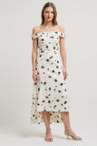 White Off the Shoulder High-Low Printed Work Dress