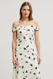 White Off the Shoulder High-Low Printed Work Dress