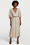 Apricot Half Sleeves V-Neck Maxi Printed Work Dress with Belt