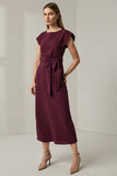 Pencil Long Dark Red Round Neck Work Dress with Sleeves