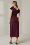 Pencil Long Dark Red Round Neck Work Dress with Sleeves