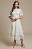White Boat Neck A Line Midi Lace Work Dress with Sleeves