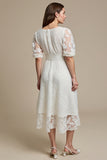 White Boat Neck A Line Midi Lace Work Dress with Sleeves
