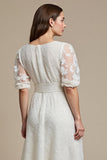 White Boat Neck A Line Midi Lace Work Dress with Sleeves