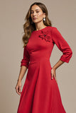 Maxi Red Boat Neck A Line Work Dress with 3D Flowers