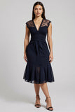 Navy V-Neck Short Chiffon Ruffled Work Dress with Sash