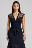 Navy V-Neck Short Chiffon Ruffled Work Dress with Sash