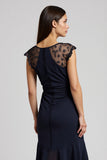 Navy V-Neck Short Chiffon Ruffled Work Dress with Sash