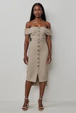 Midi Khaki Satin Off the Shoulder Bodycon Work Dress with Buttons