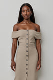 Midi Khaki Satin Off the Shoulder Bodycon Work Dress with Buttons