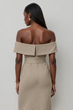 Midi Khaki Satin Off the Shoulder Bodycon Work Dress with Buttons