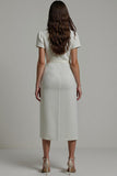Midi White Notched Lapel Bodycon Blazer Dress with Sleeves