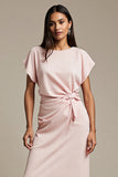 Maxi Pink Boat Neck Satin Ruched Work Dress with Sleeves