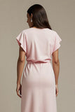 Maxi Pink Boat Neck Satin Ruched Work Dress with Sleeves