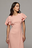Orange Round Neck Pencil Midi Ruffled Work Dress with Slit