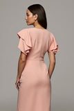 Orange Round Neck Pencil Midi Ruffled Work Dress with Slit