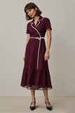 Burgundy A Line Notched Lapel Midi Work Dess with Sleeves