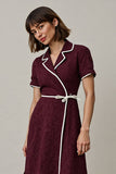 Burgundy A Line Notched Lapel Midi Work Dess with Sleeves