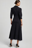 Navy Notched Lapel A Line Maxi Blazer Dress with Sleeves