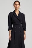 Navy Notched Lapel A Line Maxi Blazer Dress with Sleeves